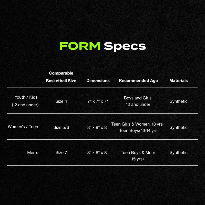 Specifications chart with product sizing